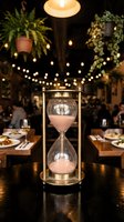 Elegant brass hourglass with pink sand on restaurant table with warm string lights and diners in background creating cozy dining atmosphere.