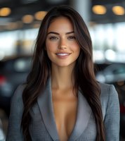 Young businesswoman with long dark hair and confident smile wearing grey blazer against blurred office background with bokeh lights.