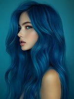 Young Asian woman with vibrant blue wavy hair and natural makeup in profile view against turquoise background, showcasing modern hair coloring and beauty trends.