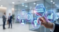 Businessman touching personal branding digital interface with hexagonal icons in modern office environment for marketing strategy development.