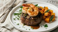 Surf and turf surf and turf dish with grilled shrimp, beef steak, roasted sweet potato cubes and fresh parsley garnish on white plate for fine dining restaurant menus.