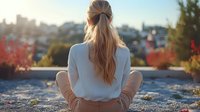 Young woman with long blonde hair in ponytail sitting on ground overlooking city skyline at sunset, wearing casual white sweater and beige pants, back view showing peaceful moment.
