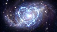 Cosmic heart-shaped nebula glowing with ethereal blue and purple light against starry deep space background for romantic astronomy designs.