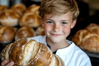 Young boy in white shirt holding fresh baked artisanal bread loaf, with bakery display of golden brown breads in background, warm natural lighting creates inviting atmosphere.