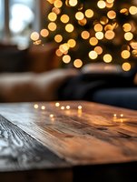 Rustic wooden table surface with magical bokeh lights in background creating cozy holiday atmosphere. Shallow depth of field captures warm glowing ambiance.