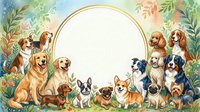Watercolor dogs frame with golden retriever, corgi, pug, beagle and other breeds around floral circle border for greeting cards and invitations.