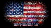Spectacular fireworks display forming American flag pattern celebrating July 4th Independence Day with red white and blue bursts against dark sky.