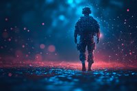 Silhouette of military soldier standing in dramatic lighting with blue and red gradient background, digital particles and connection lines creating futuristic atmosphere.