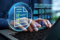Businessman hands typing on laptop with holographic document management interface showing secure file organization and digital workflow technology.