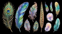 Colorful feather collection with peacock, watercolor, and decorative designs isolated on transparent background. Ready for t-shirt designs, clipart, stickers, sublimation, and print-on-demand projects.