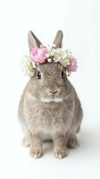 Adorable gray rabbit wearing pink and white flower crown on white background for Easter spring holiday decorations and greeting cards.