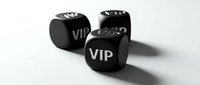 Black dice with VIP text on white background for luxury gaming and exclusive entertainment concepts.