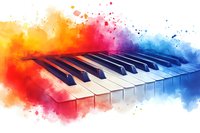Piano keys with vibrant watercolor splash background in rainbow colors, artistic musical instrument composition for creative design projects and music concepts.