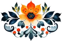 Vibrant orange flower with navy blue leaves in folk art style, decorative floral composition on white background for textile design and craft projects.