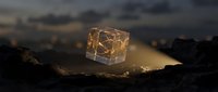 Glowing transparent cube with golden light floating above dark rocky terrain at dusk, suitable for sci-fi and fantasy design projects.