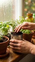 Hands planting basil seeds in labeled container on sunny windowsill with herb garden pots and natural lighting for home gardening and sustainable living.