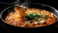 Steaming hot Asian noodle soup with spicy broth, tender meat slices and fresh green onions served in black bowl. Chopsticks lifting noodles showing texture.