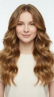 Young Caucasian woman with long wavy golden brown hair smiling softly, wearing a cream top against a light gray background.