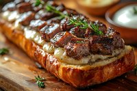 Grilled meatballs on toasted brioche with melted mozzarella and fresh herbs, served on rustic wooden board, close-up view of gourmet sandwich.
