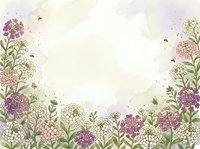 Delicate floral border frame with purple and pink wildflowers, green leaves and small bees on soft watercolor background for spring design projects.