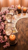 Mystical tarot card reading setup with crystal balls, burning candles and pink cherry blossoms on rustic wooden table for fortune telling and divination.