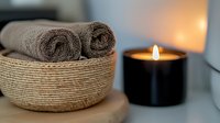 Rolled gray towels in natural jute basket with burning black aromatic candle on wooden surface against blurred background, creating spa atmosphere.