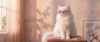White fluffy cat wearing pink heart-shaped sunglasses sitting on wooden surface in cozy sunlit room with warm lighting and soft shadows.