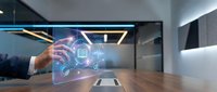 Businessman hand touching digital hologram with logistics icons and supply chain symbols on wooden desk in modern office environment.