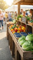 Farmers market stand displaying fresh organic produce including colorful peppers, blueberries, lettuce and vegetables in wooden crates with signage, shoppers browsing in background.