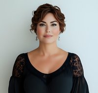 Confident Hispanic woman with short wavy brown hair wearing black lace dress and elegant earrings smiling against light background. Professional portrait for business or fashion.