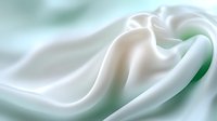 Elegant white and mint green flowing silk fabric creates soft waves and graceful curves against blurred background, suitable for luxury product presentations and abstract designs.