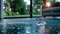 Water droplet splashing on dark surface creates crown-like formation with scattered drops against blurred interior background with window and furniture.