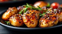 Roasted baby potatoes with black sesame seeds and fresh herbs on dark plate, glazed in honey soy sauce, macro food photography with selective focus.