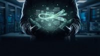 Businessman holding glowing digital fish hologram with data streams in modern server room environment for technology and innovation concepts.