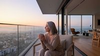 Young blonde woman enjoying morning coffee on luxury apartment balcony with panoramic city skyline view at sunrise, modern urban lifestyle relaxation.