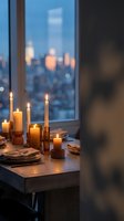 Cozy evening dining setup with burning candles on wooden table near window overlooking city lights at dusk creating warm romantic atmosphere for dinner.