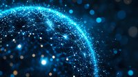 Glowing blue network connections form curved arc against dark background with bokeh light effects, representing global digital communications and connectivity.