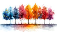 Colorful watercolor forest landscape with rainbow gradient trees from blue to orange and pink, artistic nature scene with paint splatter effects and reflections.