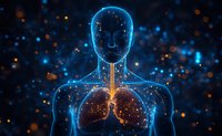 Glowing blue anatomical visualization showing respiratory system with luminous particles and neural connections against dark background for medical concepts.