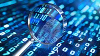 Digital forensics investigation with magnifying glass revealing fingerprint over binary code background for cybersecurity and data analysis applications.