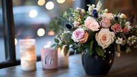 Romantic floral arrangement with pink and peach roses, mixed greenery in black vase alongside glowing candles on wooden surface with soft bokeh lights in background.