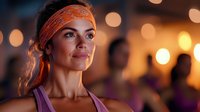 Fit woman wearing orange headband and purple sports top during evening workout session with warm bokeh lighting in background.