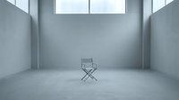 Empty minimalist room with single director chair under window light, concrete floor and walls, modern interior design concept for commercial and editorial use.