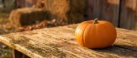 Orange pumpkin on rustic wooden table with autumn hay bales in background, perfect for fall harvest decorations and seasonal marketing materials.