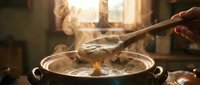 Chef stirring steaming soup or broth in large pot with wooden spoon in warm kitchen lighting, suitable for cooking, food preparation, and culinary content.