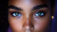 Close up portrait of young African American woman with striking blue eyes, flawless dark skin, and natural makeup against dark background. Professional beauty shot.