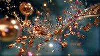 Metallic copper spheres and liquid splashes creating dynamic motion against dark blue background with glowing bokeh lights and water droplets in macro view.