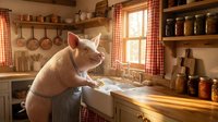 Cheerful pig chef in apron cooking in rustic farmhouse kitchen with wooden shelves, copper pots, and checkered curtains. Farm-to-table culinary concept.