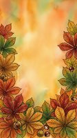 Autumn foliage border with red, orange, and golden leaves arranged on watercolor gradient background. Ideal for fall seasonal designs, greeting cards, and autumn-themed projects.