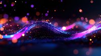Glowing purple and orange wave with sparkles and bokeh effects on dark background creates magical atmosphere for festive designs and holiday backgrounds.